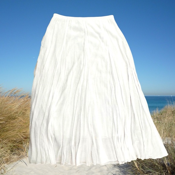 White Lined Elastic Waist Polyester-Rayon Crinkle Maxi Skirt Size Large - Picture 4 of 9